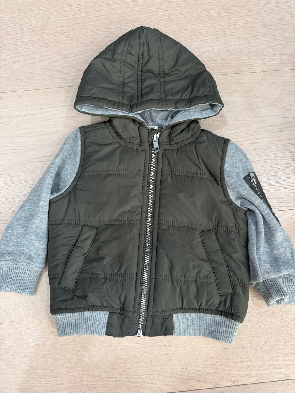 Tucker + Tate Olive Hooded Puffer Jacket with Gray Knit Sleeves | 9 months